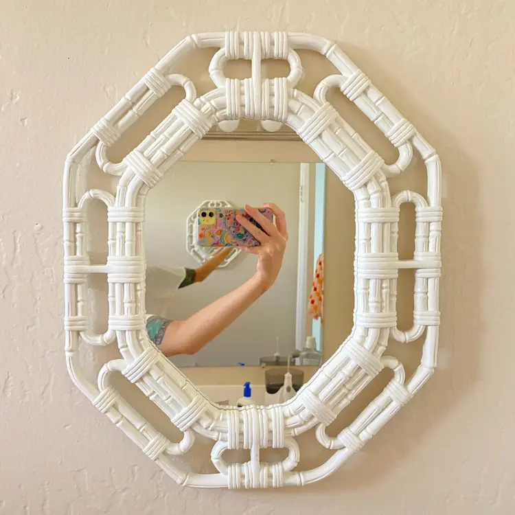 1983 White Wall Accent Mirror Octagon Rattan Look Home Interiors