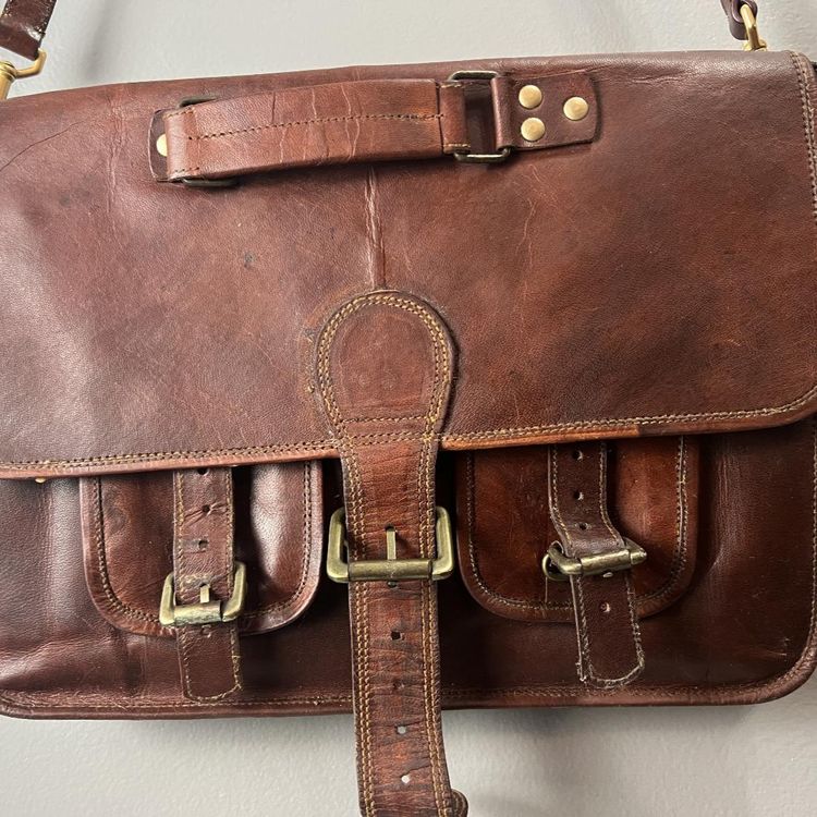 Mahogany Brown Handmade Saddle Bag School Work Commuter Green Interior