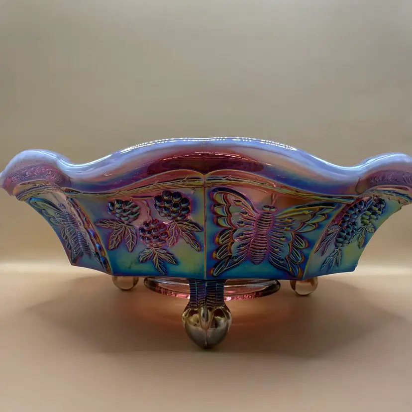 Fenton Plum Opalescent Butterflies & Berries Carnival Glass Three Footed Console Bowl 8.25x3” RARE