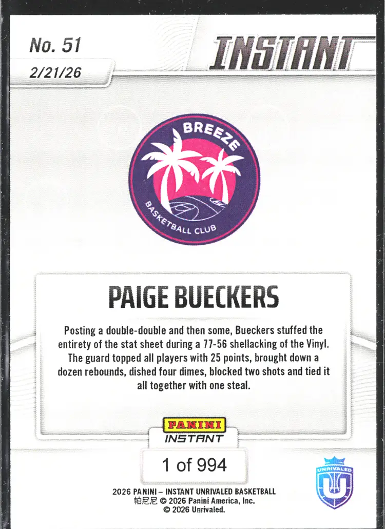 Paige Bueckers Short Print Panini Instant Rookie Card - Breeze Basketball Club Unrivaled Only 994 Made