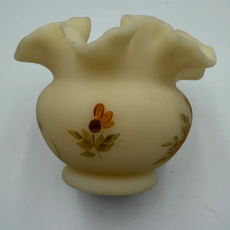 Vintage Fenton Custard Glass Hand Painted Flowers Ruffled Vase Signed