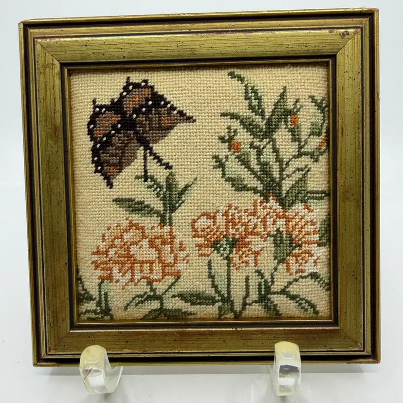 Vintage Small Gold Framed Crosstitch Needlepoint Butterfly & Floral Artwork 6.5”