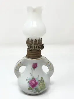 Miniature Porcelain Hurricane Lamp with Double Handles and Floral Design