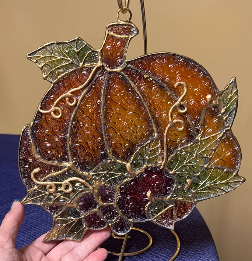 Autumn Pumpkin Suncatcher Textured Acrylic stained glass gold accents 10” wide