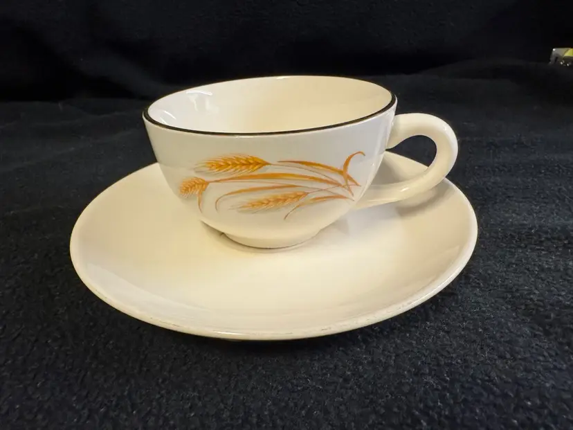 Vintage Homer Laughlin Golden Wheat Tea Cup & Saucer Cream 22K Gold Trim MCM