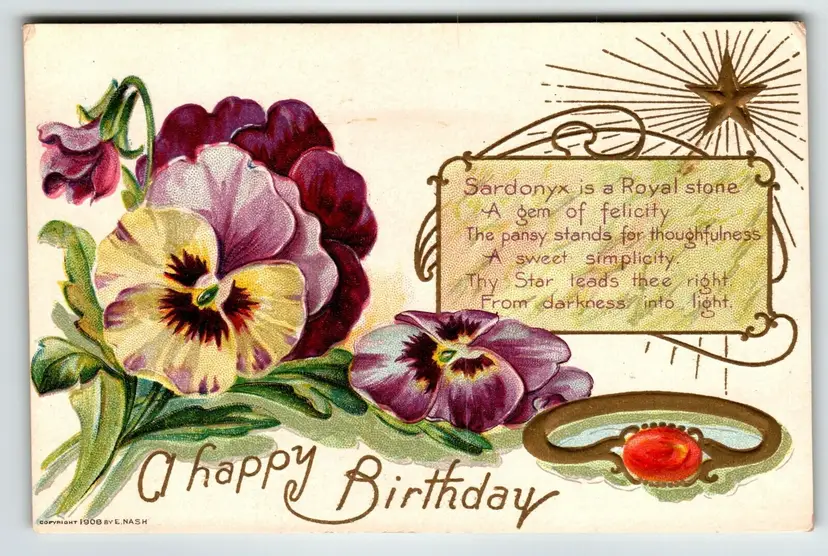 Birthday Flowers Gemstone Postcard Sardonyx Pansy Nash 1908 Gold Star August