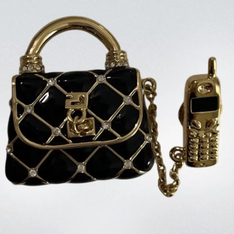 Vintage St John Knits Enamel Quilted Purse Brooch With Cell Phone Charm SJ logo