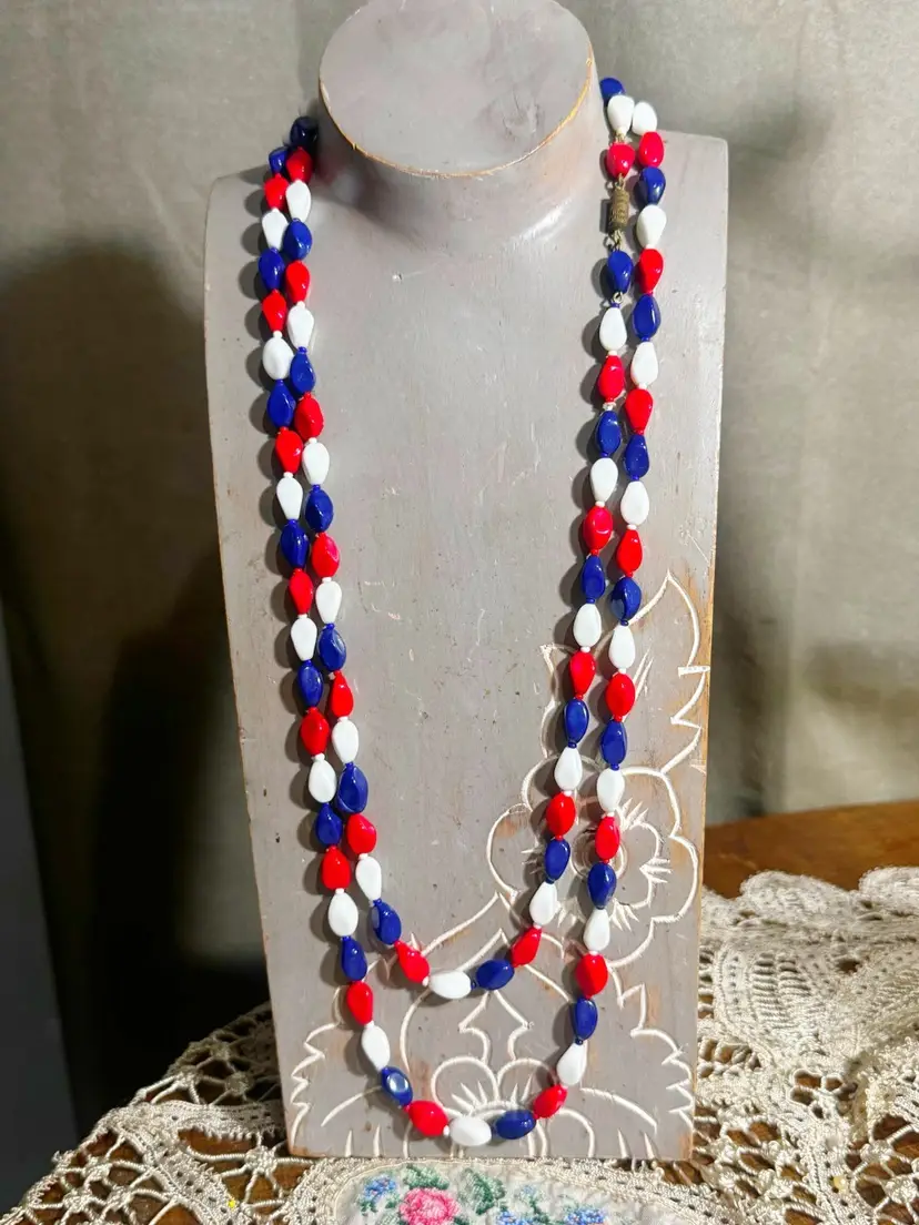 Vintage Glass Red White & Blue Necklace 42”