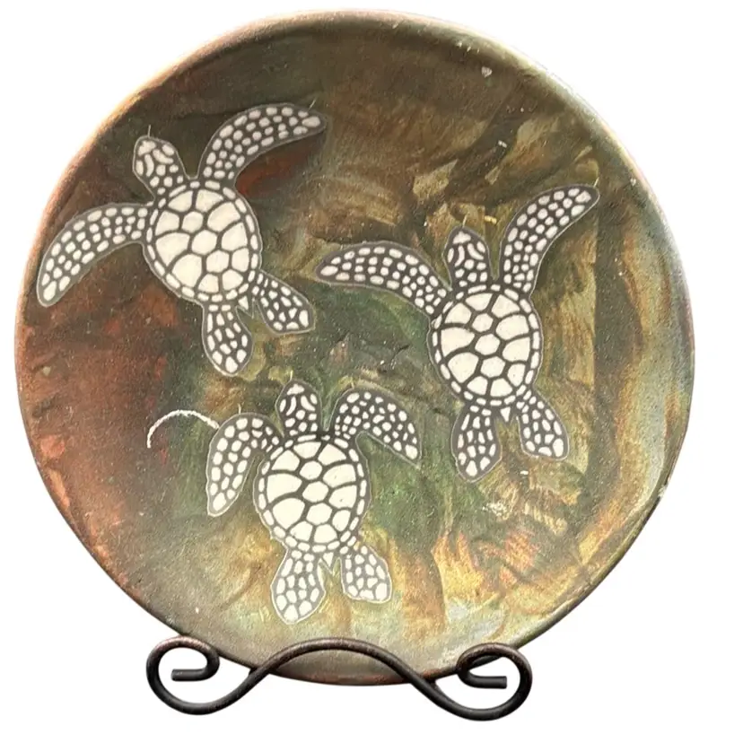 Vintage Ben Diller 3 Turtle Raku Pottery Dish