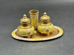 Vintage Enameled Brass Salt & Pepper Shakers, Toothpick Holder, and Tray - Thai Buddha Theme