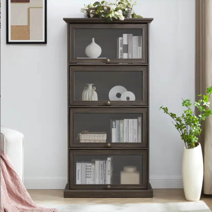 4 Tier Glass Display Cabinet with Flip-Up Doors β BRO