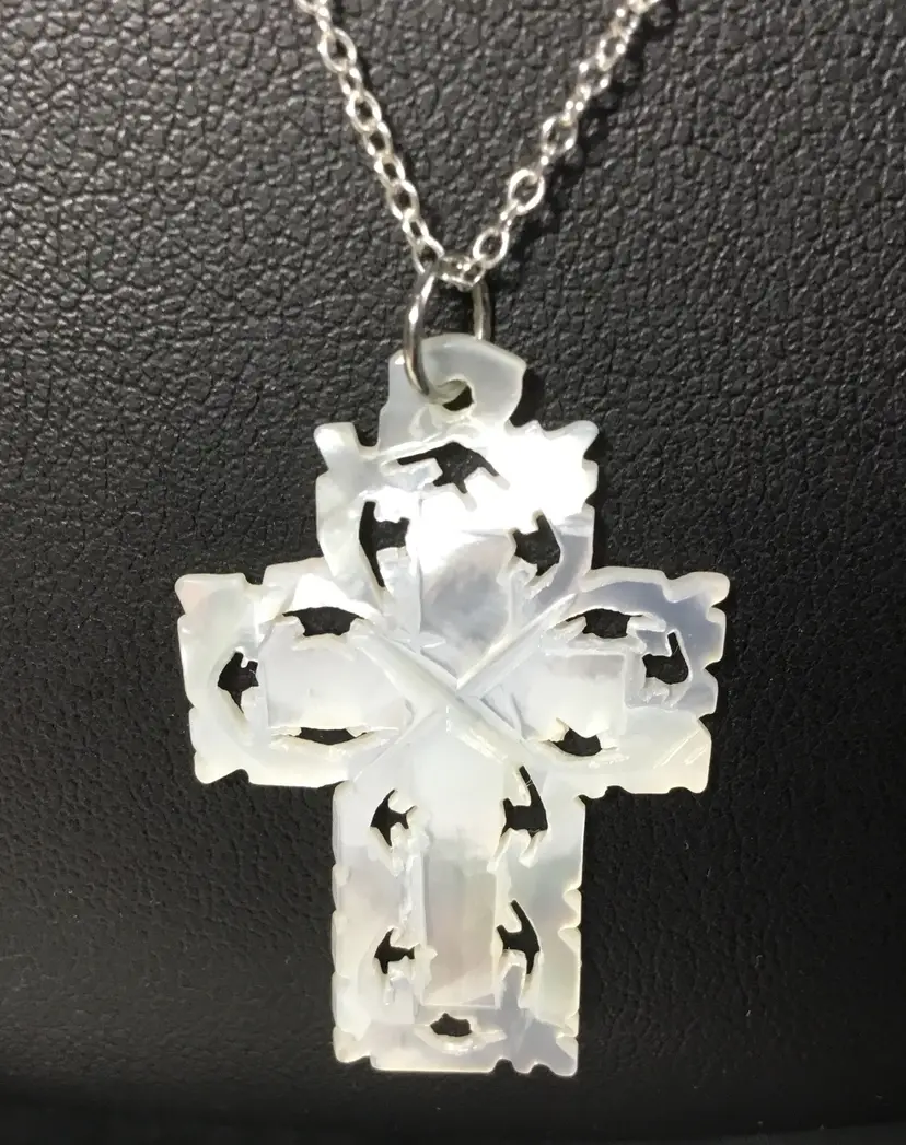 Necklace, sterling rolo chain with carved mother of pearl cross pendant, 18"