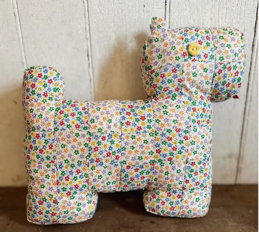 Vintage Scottie Dog Pillow Old Feedback Flowers Floral Stuffed Animal With Button Eyes Multicolored