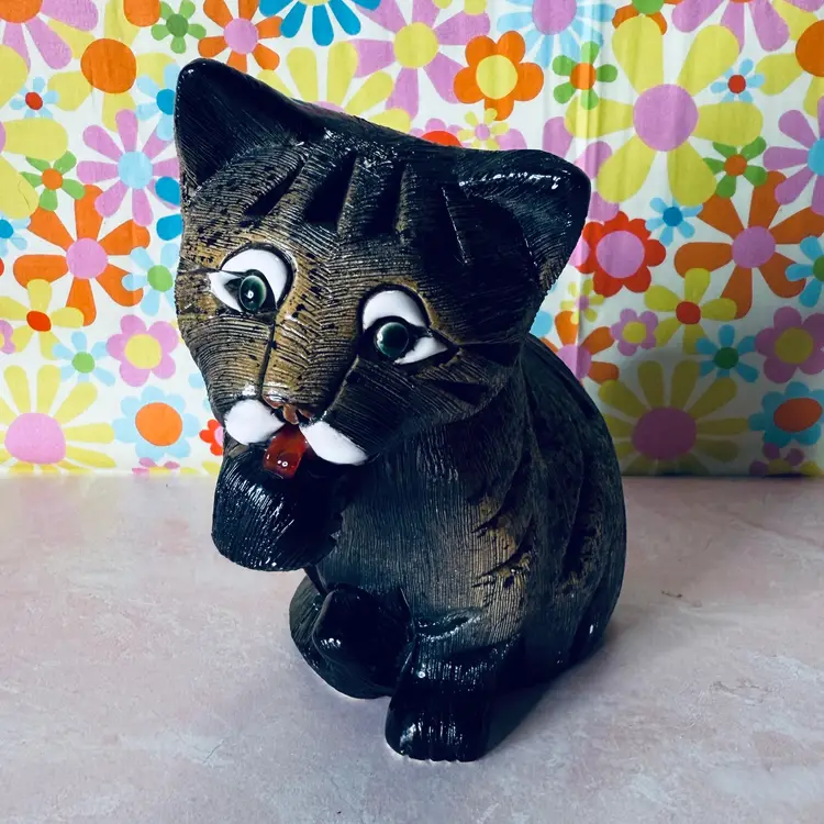 Vintage Artesanía Rinconada Large Black Cat Signed Figurine