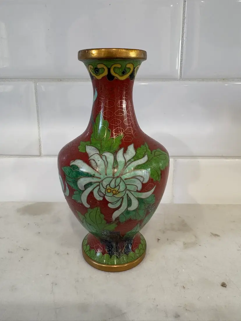 Cloisonne Enamel Small Bud Vase  Red Floral Design