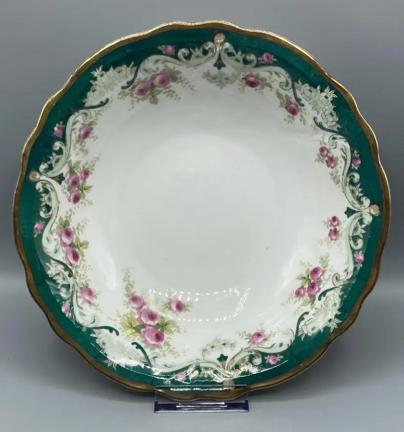 Antique C. Trelsch Altwasser Bowl - Green Rim with Pink Rose Pattern - Germany