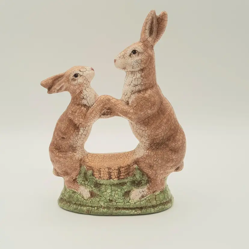 Vintage Chalkware Crackle Finish Dancing Bunny Rabbits Figurine
