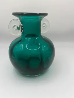Hand Blown Glass Vase With Applied Handles Green Teal Art Glass