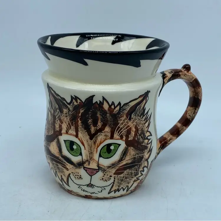 #1060 Hand-painted ceramic mug featuring a tabby cat design by Cats By Nina