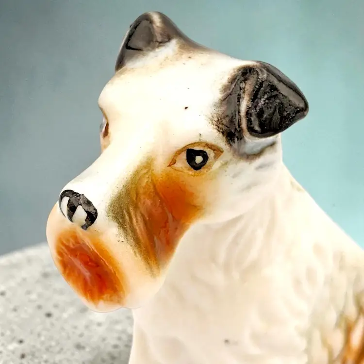 Vintage White Porcelain Sitting Airedale Wire Hair Fox Terrier Dog Figurine