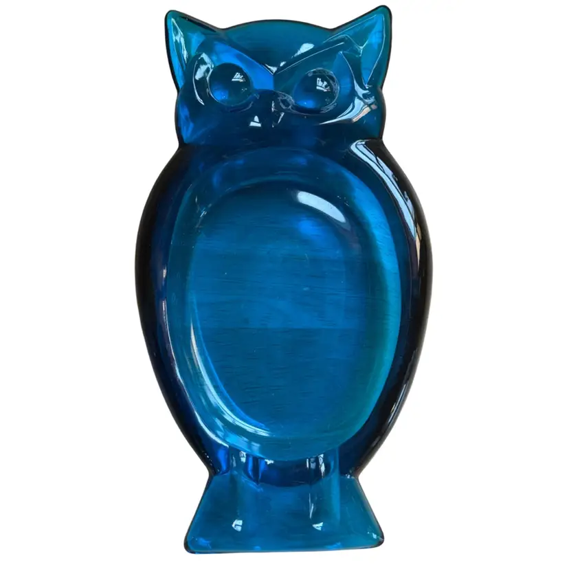 Viking Glass Cobalt Blue Owl Ashtray MCM 8.5” X 4.5”