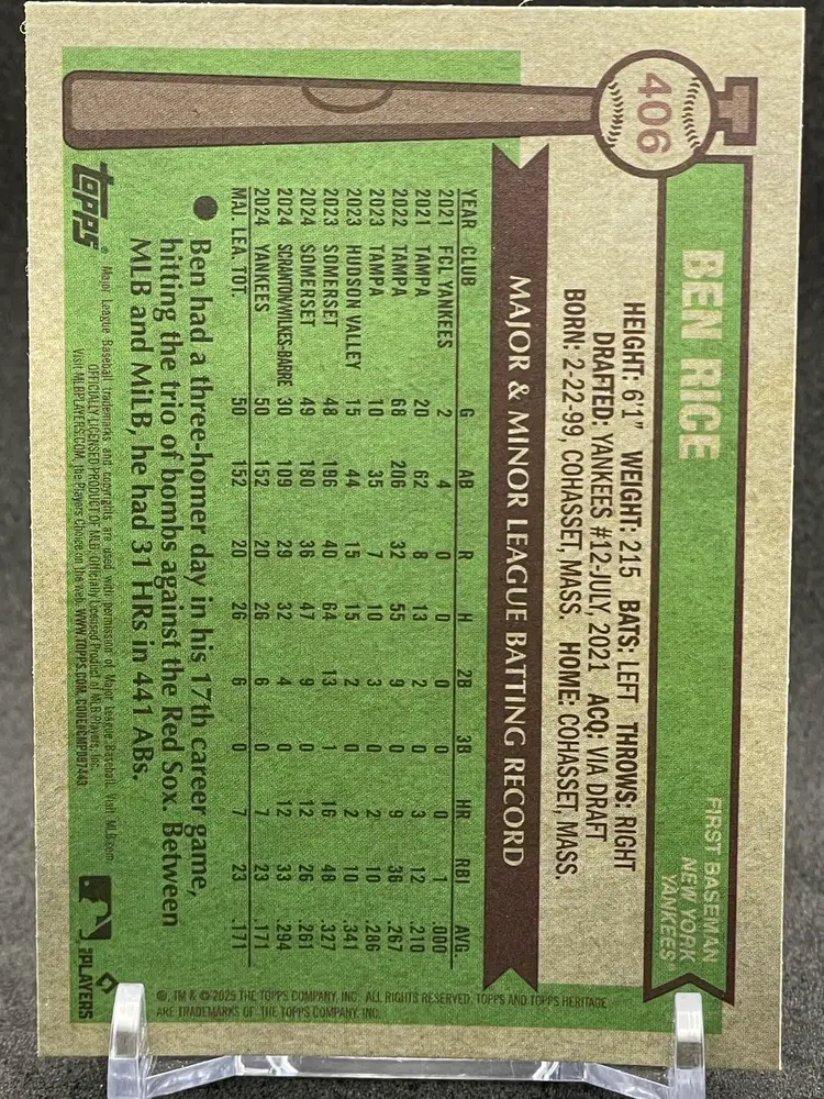 Ben Rice - 2025 Topps Heritage - High Number SP #406 Chrome Aqua Sparkle Refractor