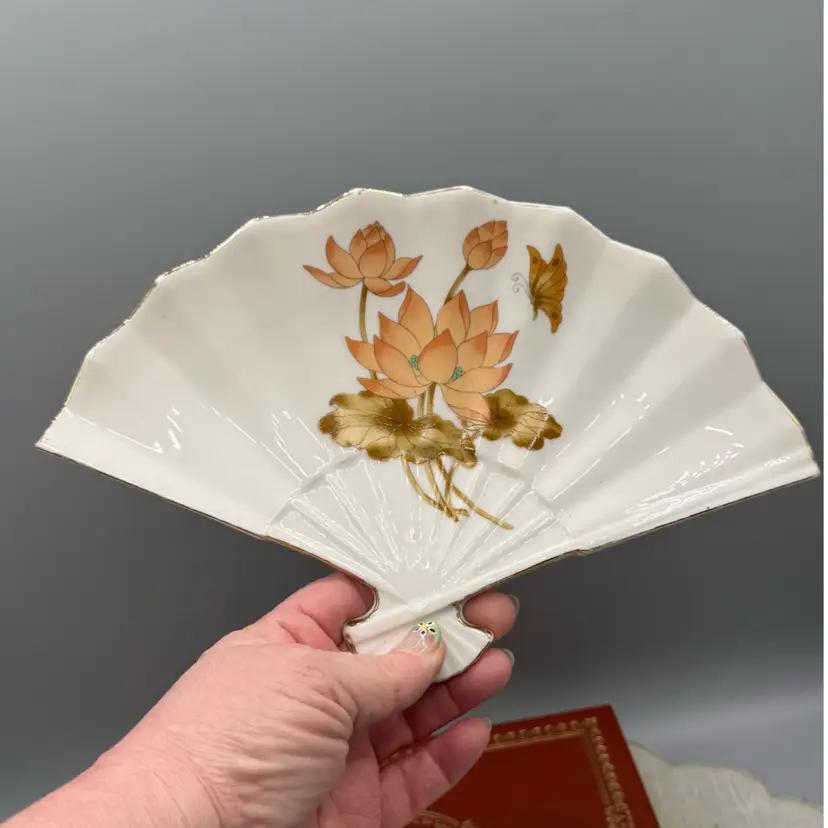 Vintage Japanese Porcelain Fan-Shaped Trinket Dish - Lotus & Butterfly Design, Gold Trim 10”x 6.5