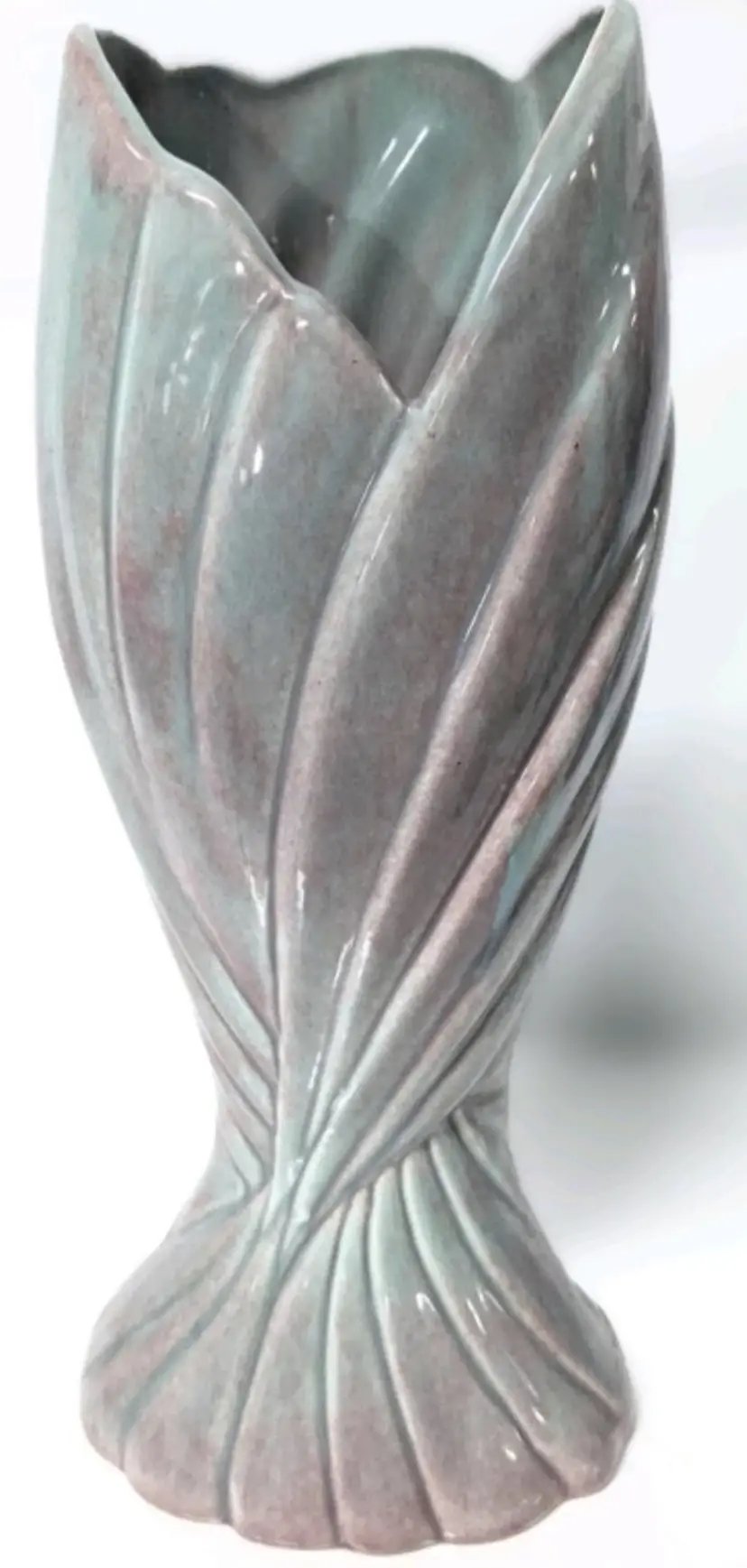 Signed Vintage West Coast Pottery Large 13 1/2 Inches Tall Draped Wing-Like Vase in Mauve & Aqua