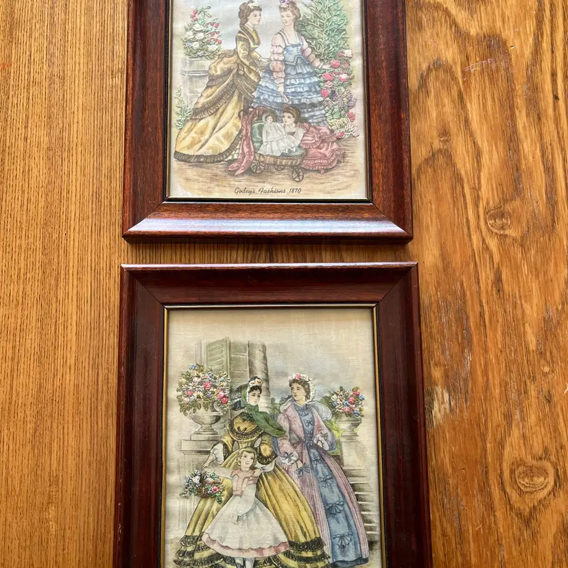 Set Of Wood Framed fabric prints  With Hand Stitches Florals -  Godey's Fashions from 1870.- Circa 1970s