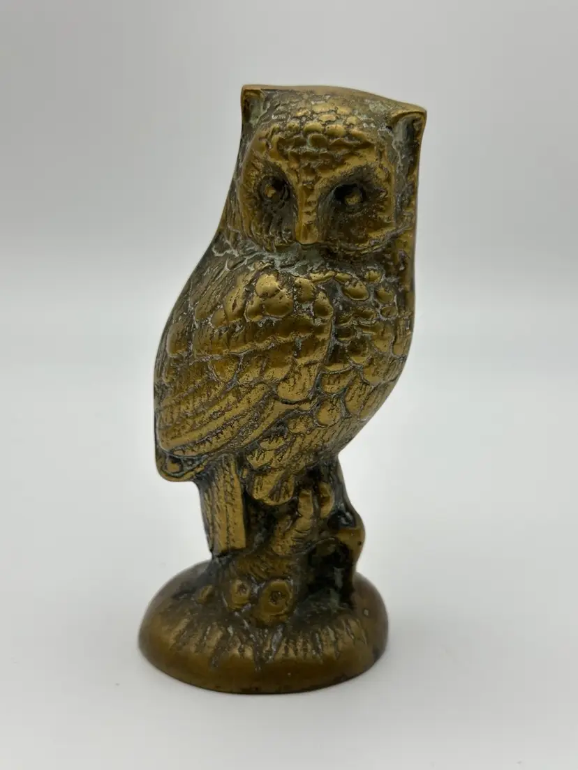 Vintage Solid Brass Owl Figurine With Patina 5” Tall