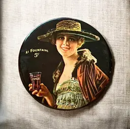 Vintage Early 1970’s Celluloid Coca-Cola Licensed Pocket Mirror “At Fountain 5¢”