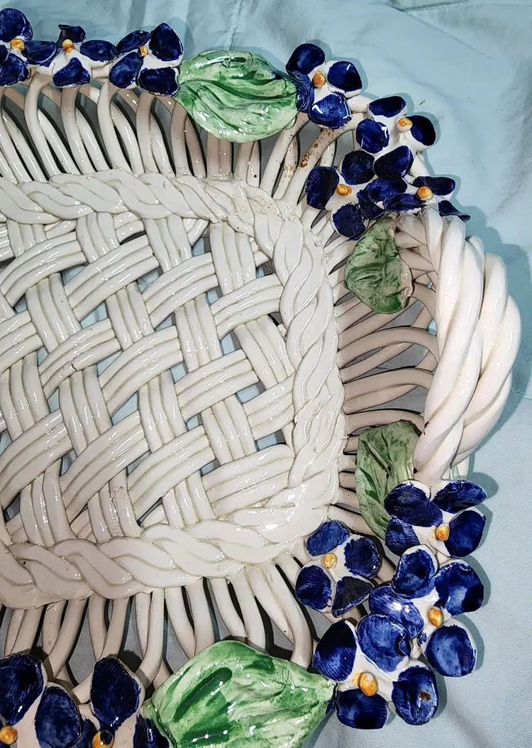 Vintage Porcelain Braided Woven 11.5" x 8.5" Breadbasket Forget-Me-Nots Signed