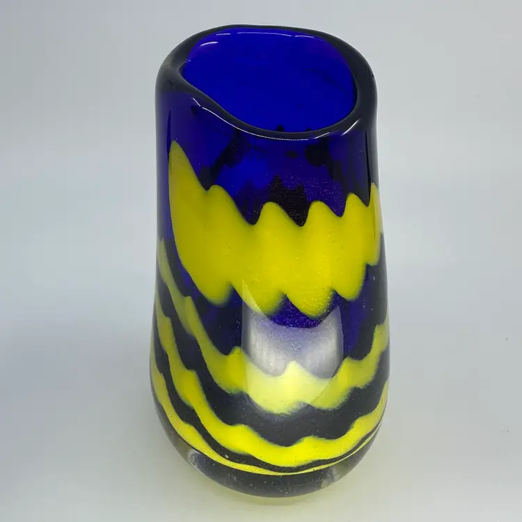Signed 86’Cobalt Blue & Yellow Patterned Art Glass Small Vase
