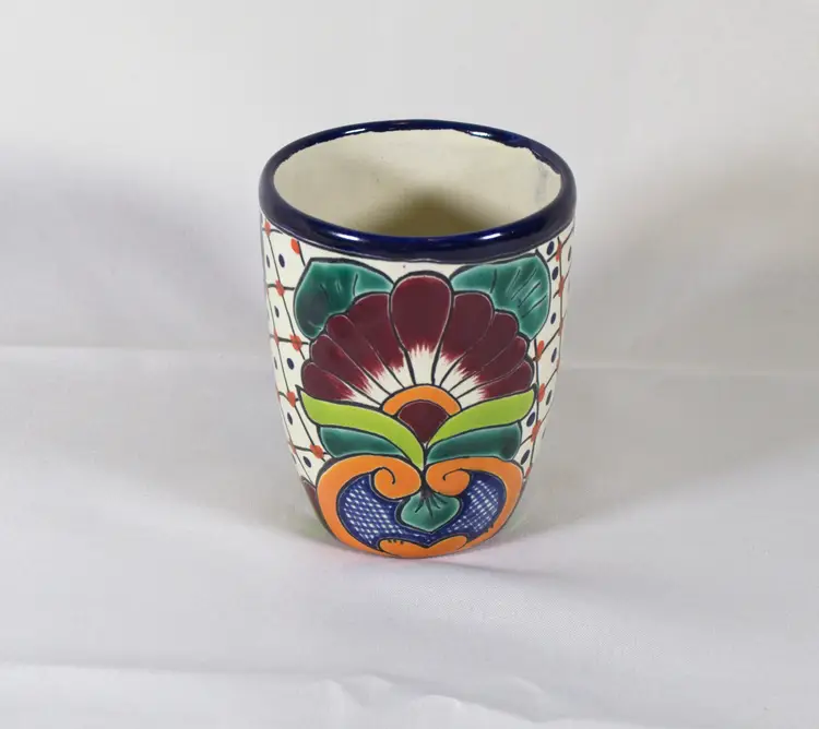 Talavera Mexican Pottery Mug Signed Hand Painted Flowers 14 oz