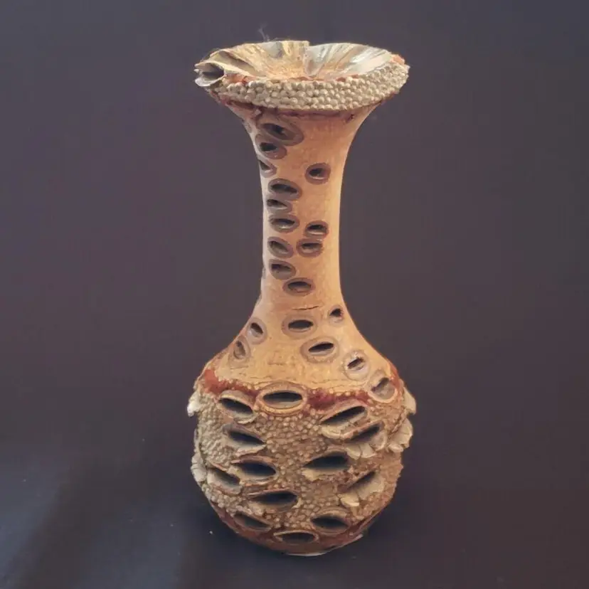 Banksia Seed Pod Carved Vases 6 1/2” tall Australia + paper 2011 Doug Adams