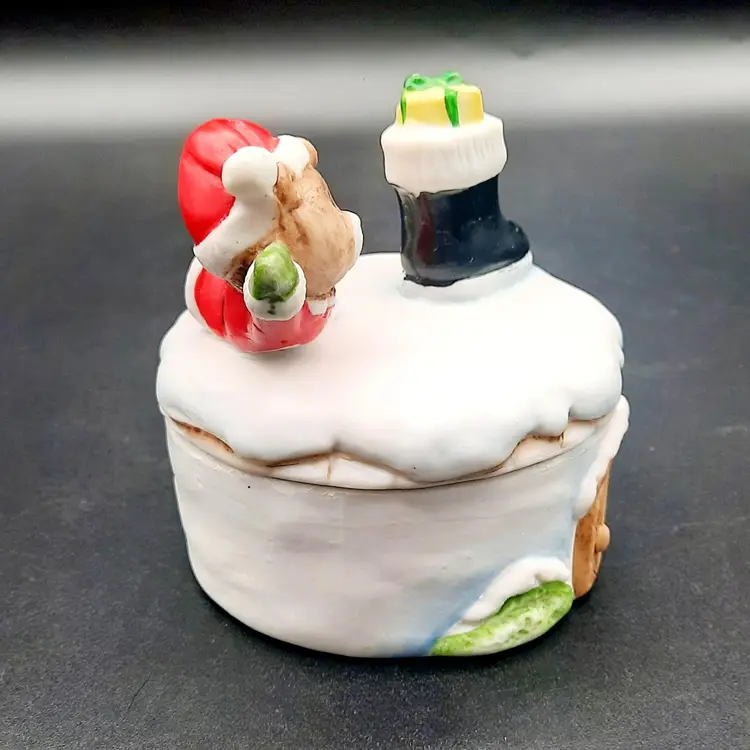 Vintage Homco Christmas Bear Ceramic Lidded Trinket Box