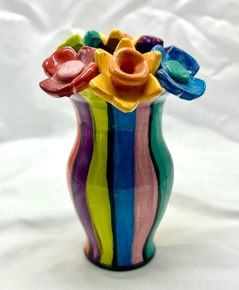 Mary Rose Young Signed Striped Vase with Applied Posey Flowers 6” Unique