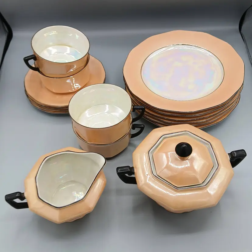 #032 16 Piece Lusterware Set, Czechoslovakia, Union, Dessert Plates, Cups & Saucers & Creamer & Sugar, 1920's