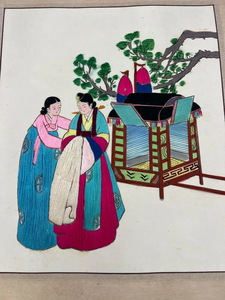 Vintage Korean Silk Embroidery Hanbok Wedding Scene with Gama Palanquin Panel