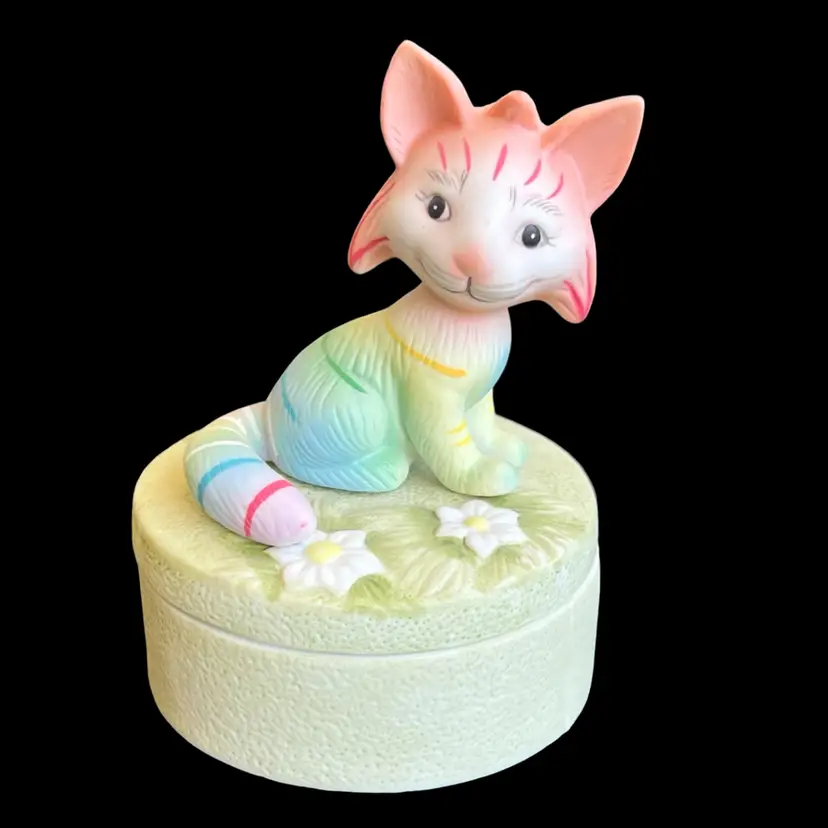 #01 - 
Vintage 1985 Jody Bergsma “Jody’s World” Kitsch Cat Fox Trinket 3”diameter 4”tall