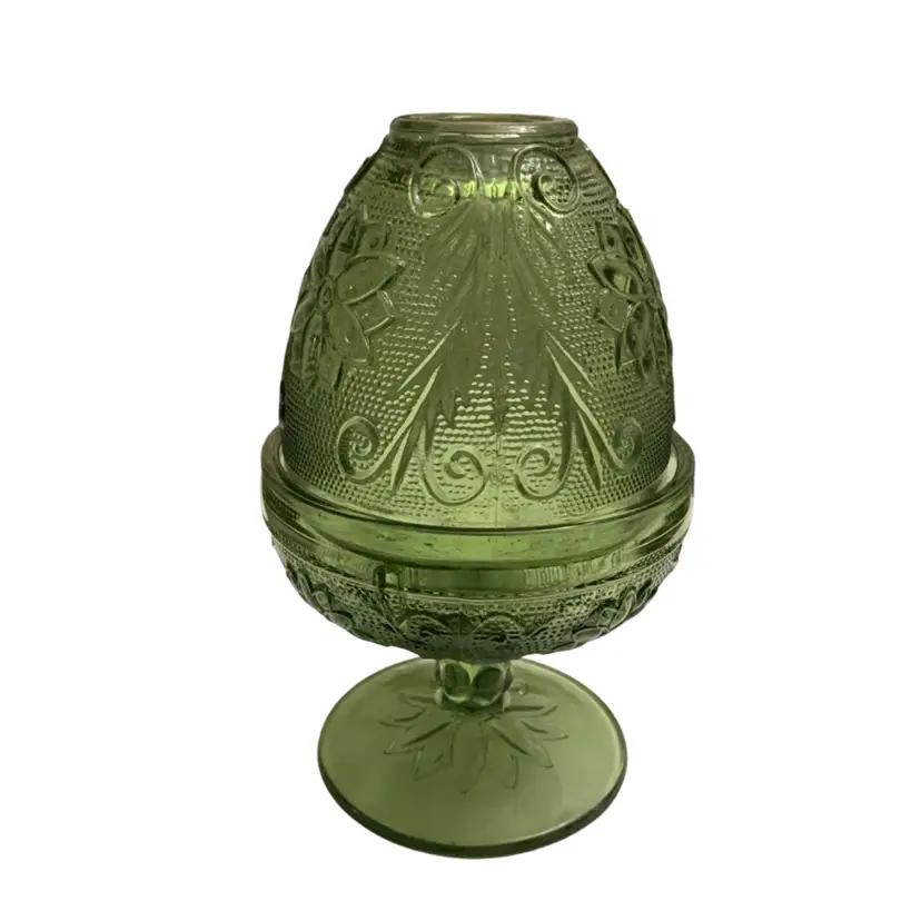 2-piece Indiana Glass Tiara Exclusive Olive Green Fairy Lamp In The Sandwich Pattern 6” X 3.75”