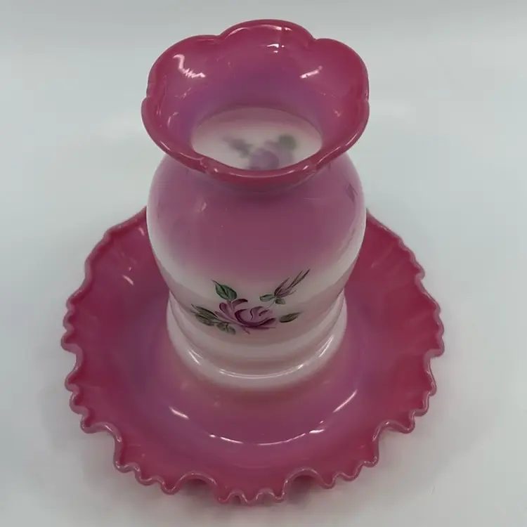 Fenton Rosaline Purple Rose Painted One Piece Ruffled Fairy Lamp Signed 6H 6W