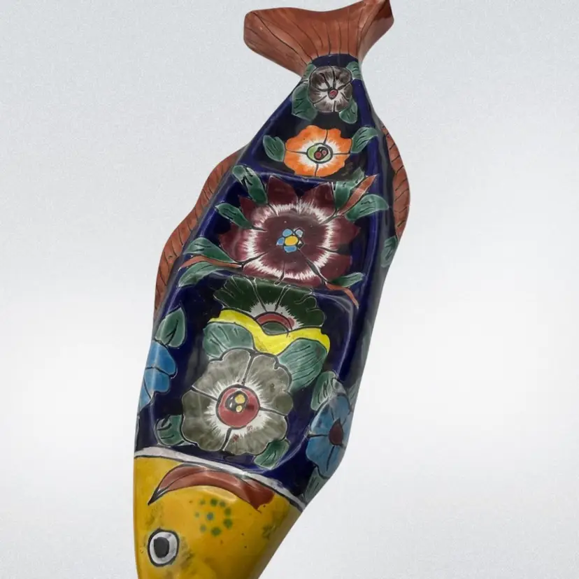 Mexican Talavera Fish Shaped Platter Hand Made/Painted Three Compartment Vintage