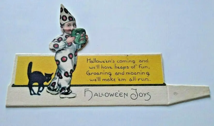 Halloween Diecut Place Card Clown Boy Nash Weird Green Face Black Cat Vintage