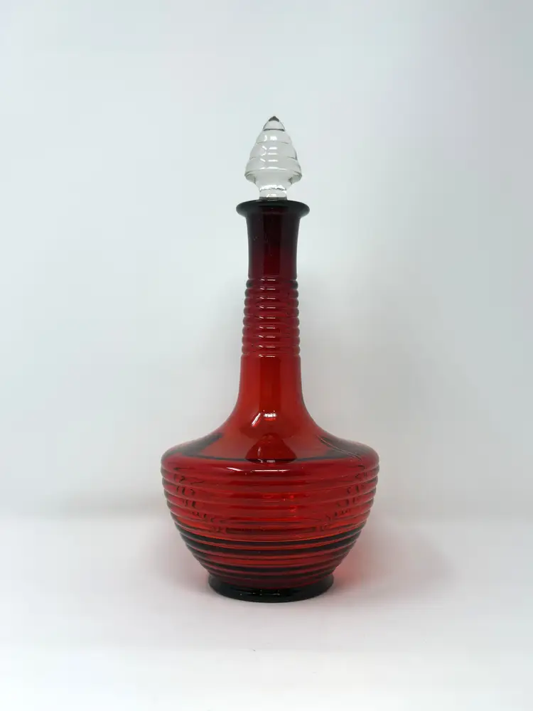 Ruby Red Glass Decanter With Stopper, 11 Inch Art Deco Ribbed Design