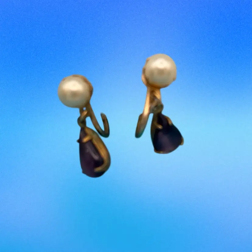 Vintage Screw-Back Faux Pearl & Amethyst Glass Drop Earrings – Gold Tone, 1940s–60s