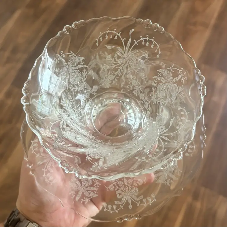 Vintage Heisey Glass Etched Orchid Pedestal Bowl & Plate Set