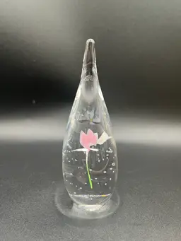#02 Pink And White Floral Teardrop Art Glass Paperweight 5.5”