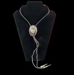 Vintage SSI Western Bolo Tie Southwest Silver Tone Buffalo Nickel Turquoise Coral Leather Strap