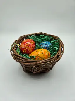 Wicker Basket with 3 Colorful Wooden Eggs